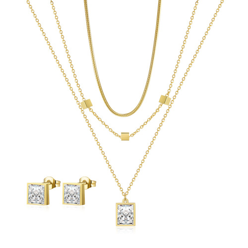 ST22 18K gold small cube stainless steel double layer zircon titanium steel earrings necklace set for women