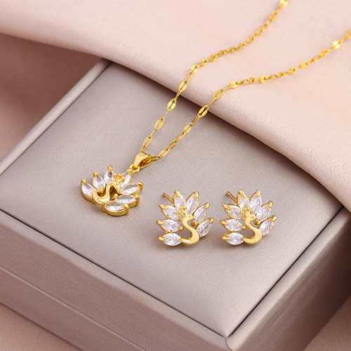 ST21 Zircon crystal peacock set wholesale fashion retro female stainless steel necklace earrings