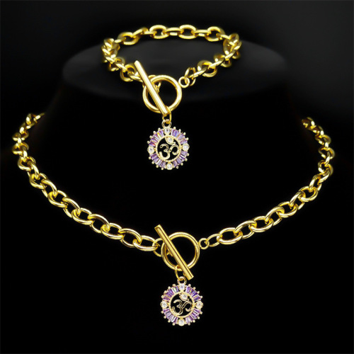 ST20 Zircon Necklace Round Pendant OT Clasp Clavicle Chain Gold-plated Jewelry Set