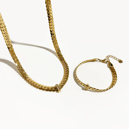 ST23 Hip Hop 18K Gold Stainless Steel CNC Zircon Braided Chain Bracelet Necklace Set