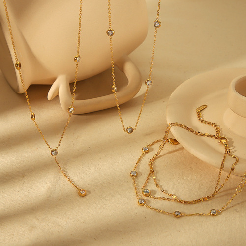 New 18k gold zircon titanium steel necklace with diamond stainless steel clavicle chain jewelry set