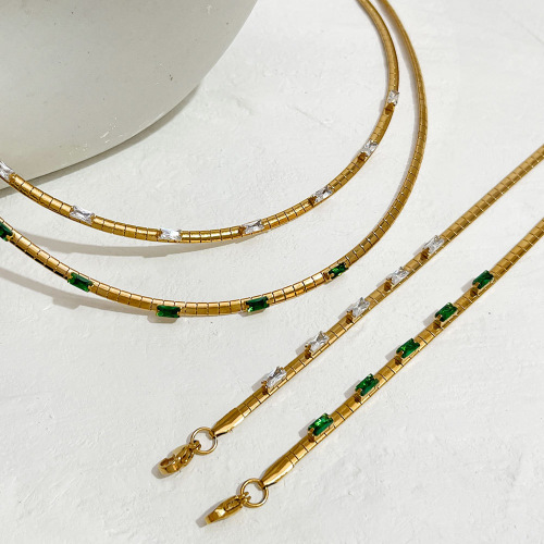 New French retro style necklace bracelet set inlaid with green and white zircon flat bamboo snake bone chain stainless steel jewelry