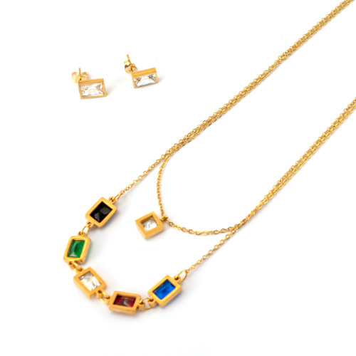 New 18K cube colored zircon titanium steel necklace set European and American fashion stainless steel double-layer necklace jewelry for women