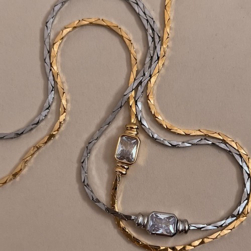 ST26 Stainless Steel Braided Chain Zircon Flat Snake Chain 18K Gold Plated Jewelry Bracelet Necklace Set Wholesale