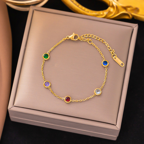 New stainless steel color-preserving colorful zircon bracelet necklace set exquisite inlaid round beads zircon niche design jewelry