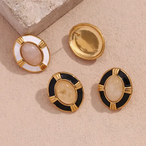 INS fashion personality earrings stainless steel 18K gold plated oval cross natural stone earrings for women
