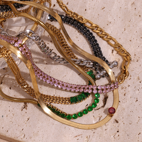 NTSMJ494 18K Gold Plated Stainless Steel Micro Pave Zircon Chain Link Necklace for Women Trendy and Elegant Jewelry