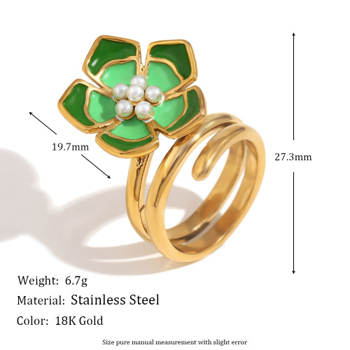 NTSMJ266 18K Gold-Plated Stainless Steel Pearl Earrings Ring and Colorful Enamel Flower Necklace Set for Women
