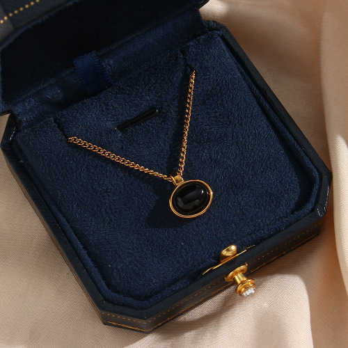 NTSMJ631 18K Gold Plated Stainless Steel Necklace and Earrings Set with Oval Natural Stone Pendant Elegant Jewelry for Women