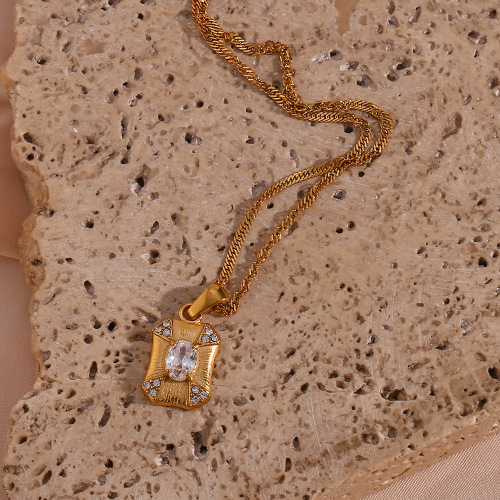 NTSMJ565 18K Gold Plated Collarbone Necklace with Square Diamond and Oval Zircon Pendant for Women Elegant Jewelry