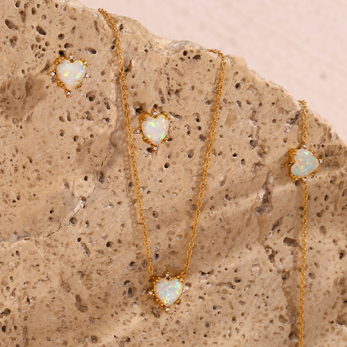 NTSMJ184 Gold Plated Stainless Steel Heart Opal Necklace Bracelet and Earrings Set for Women Elegant Jewelry