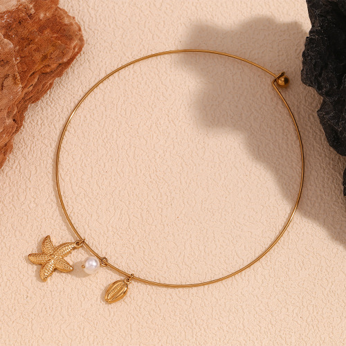 NTSMJ173 18K Gold Plated Stainless Steel Necklace with Starfish Scallop Conch and Pearl Pendants for Women