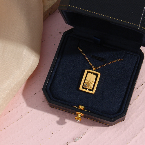 NTSMJ190 Stainless Steel Zircon Sunray Rectangle Pendant Rotating Necklace Trendy Jewelry for Women