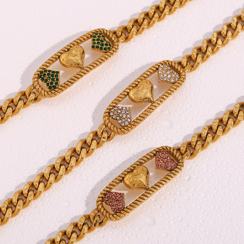 NTSMJ452 18K Gold Plated Stainless Steel Triple Heart Pendant Cuban Chain Necklace for Women Sweet and Elegant Jewelry