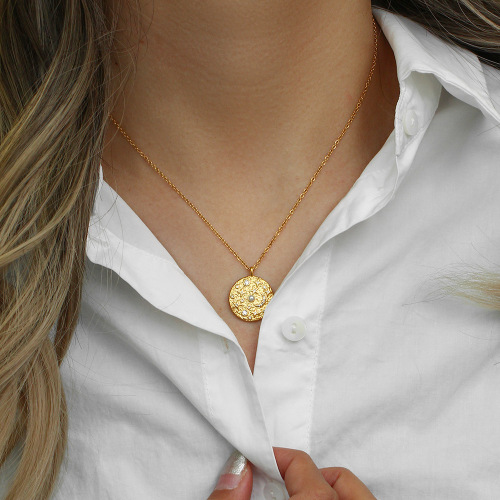 NTSMJ129 Stainless Steel Necklace with Zircon Pearl and Four-Pointed Star Coin Pendant