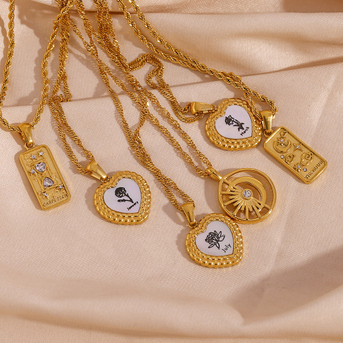 NTSMJ521 18K Gold Plated Stainless Steel Necklace for Women with Shell Heart Pendant and Tarot Card Twisted Chain
