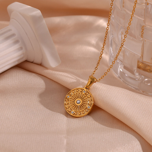 NTSMJ259 Stainless Steel Compass Pendant Necklace with Zirconia Fashion Sweater Chain Jewelry for Women