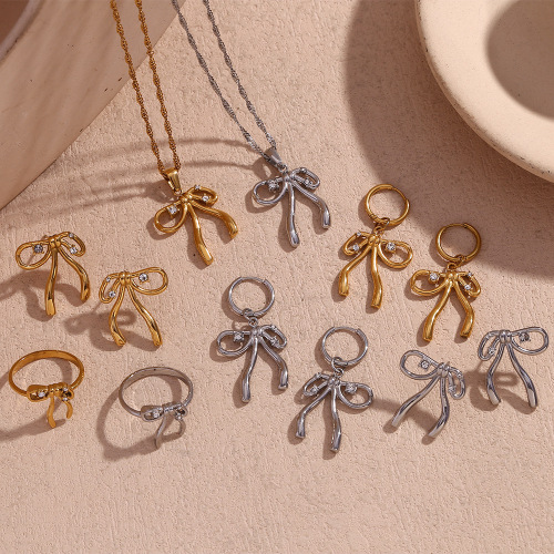 NTSMJ70 18K Gold Plated Stainless Steel Sweet Bowknot Pendant Necklace Earrings and Ring Set with Rhinestones