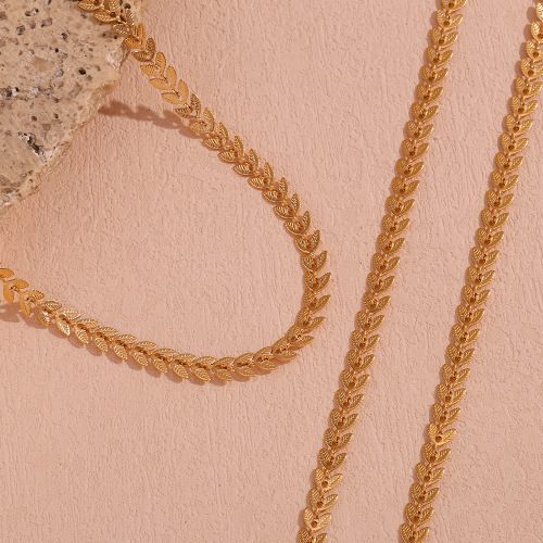 NTSMJ19 18K Gold Plated Stainless Steel Leaf and Fish Tail Chain Bracelet Anklet and Necklace Set