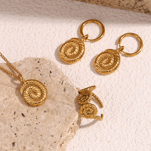 NTSMJ46 18K Gold Plated Stainless Steel Twisted Rope Ring Swirl Shell Pendant Earrings and Necklace Set for Women