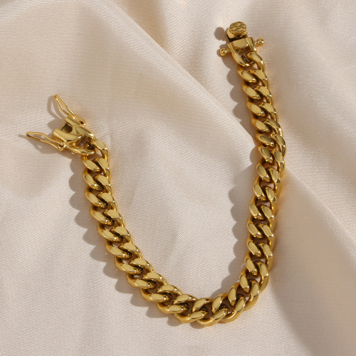 NTSMJ645 Gold Plated Stainless Steel Cuban Chain Bracelet and Necklace Set for Women with Insect Clasp Trendy Jewelry