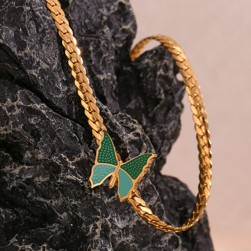 NTSMJ663 18K Gold Plated Stainless Steel Necklace with Blue-Green Butterfly Pendant for Women Short Chain Elegant Jewelry