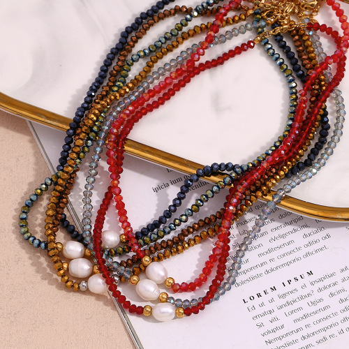 NTSMJ287 Stainless Steel Pendant Necklace with Dark Crystal Beads and Single Freshwater Pearl for Women