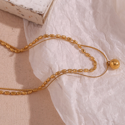 NTSMJ492 18K Gold Plated Stainless Steel Double Layer Beaded Pendant Necklace for Women Trendy and Elegant Jewelry