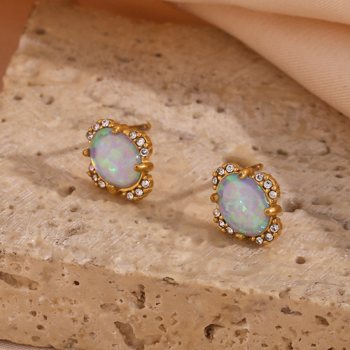 NTSMJ417 18K Gold Plated Stainless Steel Jewelry Set for Women: Petal Design Opal Necklace