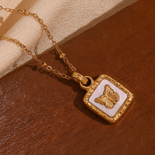 NTSMJ211 18K Gold Plated Shell Butterfly Beaded Chain Pendant Necklace for Women Trendy Jewelry