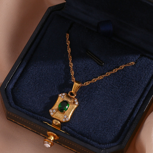 NTSMJ550 18K Gold Plated Stainless Steel Necklace with Rectangular Pendant and Oval Zirconia Stones for Women Elegant Jewelry