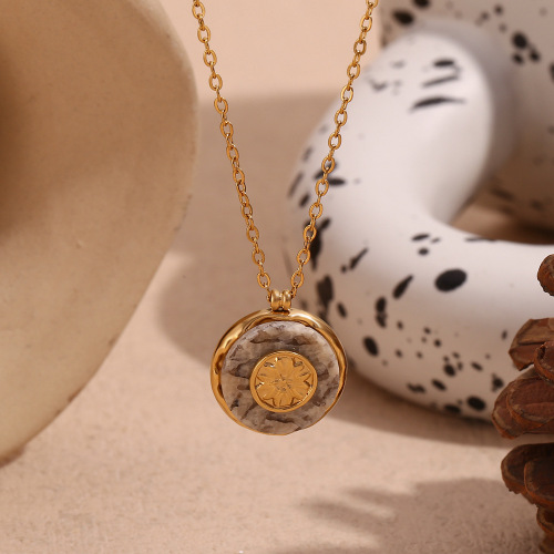 NTSMJ96 18K Gold Plated Stainless Steel Necklace with Natural Marble Sunburst Pendant Elegant Jewelry for Women