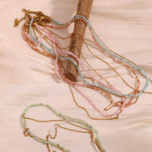 NTSMJ268 18K Gold-Plated Stainless Steel Amazonite O-Chain Double Layer Necklace for Women