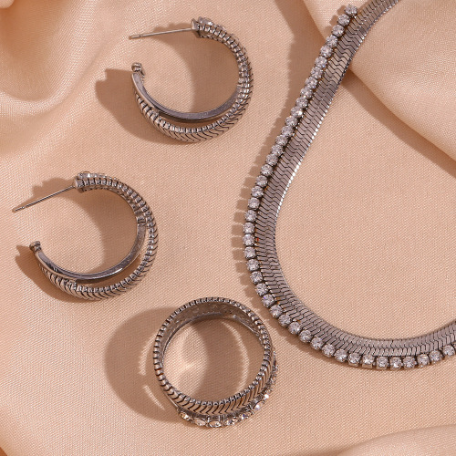 NTSMJ215 Stainless Steel Fishbone Pattern Necklace and Ring Set for Women Micro Pave Jewelry