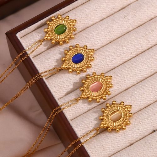 NTSMJ562 Stainless Steel Necklace with Natural Stone Oval Ship Wheel Pendant for Women Fashionable Sweater Chain Jewelry