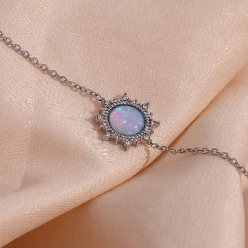 NTSMJ533 18K Gold Plated Stainless Steel Jewelry Set for Women Sun Opal Necklace Round Earrings and Bracelet