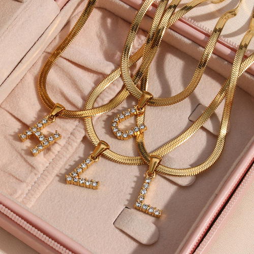 NTSMJ235 18K Gold Plated Stainless Steel Flat Snake Chain Necklace with Zirconia Letter Pendant Trendy Jewelry