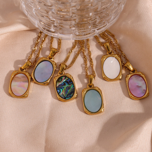 NTSMJ168 Stainless Steel Rectangular Shell Mirror Pendant Necklace for Women Elegant Fashion Jewelry