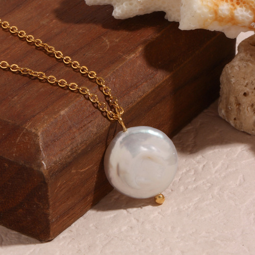 NTSMJ204 18K Gold Plated Stainless Steel Button Pearl Pendant Necklace for Women Elegant Trendy Jewelry