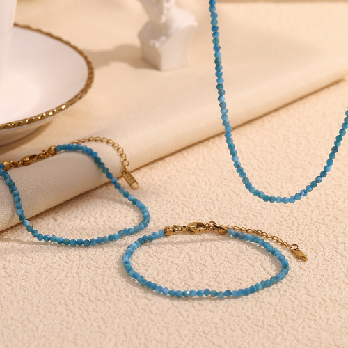 NTSMJ407 18K Gold Plated Stainless Steel Bracelet and Necklace Set with Natural Larimar and Apatite Anklet for Women