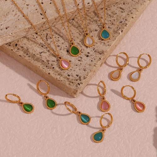 NTSMJ390 Gold Plated Stainless Steel Teardrop Cat's Eye Hoop Earrings and Pendant Necklace Jewelry Set