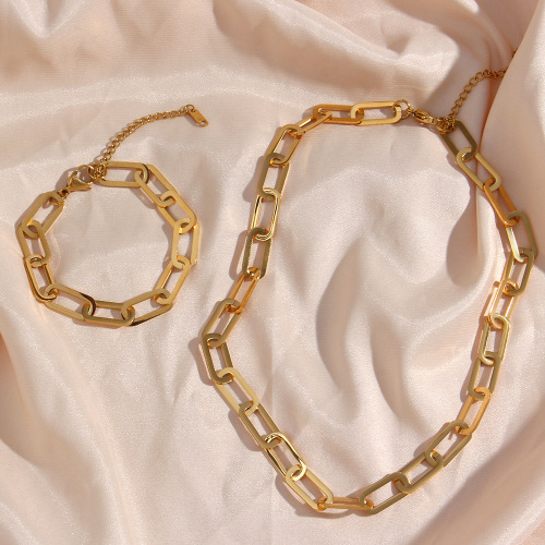 NTSMJ396 Hip Hop Cuban Link Collarbone Chain and Paperclip Chunky Bracelet Necklace Set