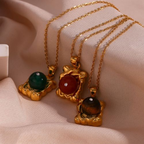 NTSMJ553 Natural Agate Stone Pendant Necklace with Square Wave Design and Beads for Women Unique Jewelry