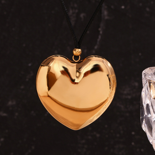 NTSMJ99 18K Gold Plated Hollow Heart Pendant Necklace on Black Cord Stainless Steel Jewelry for Women
