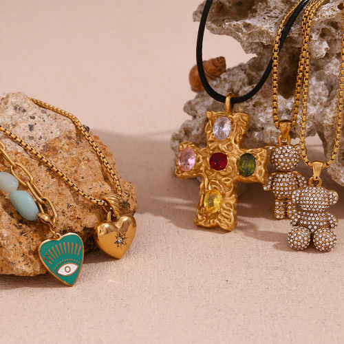 NTSMJ127 18K Gold Plated Necklace with Micro Pave Cross Heart and Evil Eye Pendants for Women