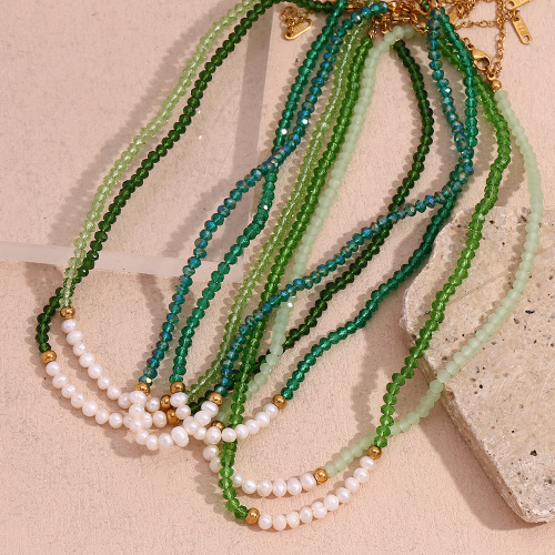 NTSMJ477 Handmade Green Faceted Crystal Necklace with Freshwater Pearls and Stainless Steel Beads Elegant Jewelry for Women