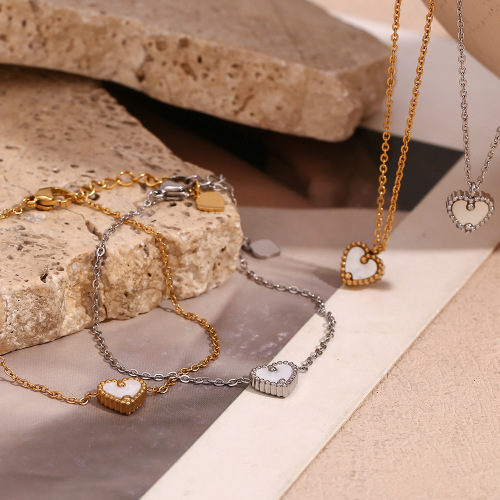 NTSMJ78 18K Gold Plated Stainless Steel Heart Shell Bracelet for Women Elegant Single Pearl Necklace