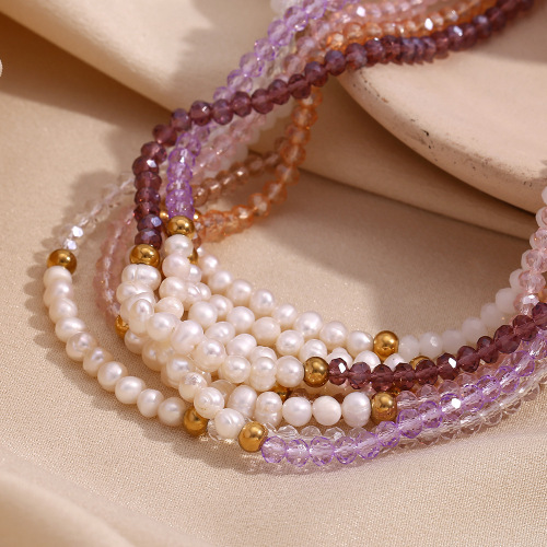 NTSMJ285 Handmade Light Crystal and Freshwater Pearl Beaded Necklace for Women Stainless Steel Pendant