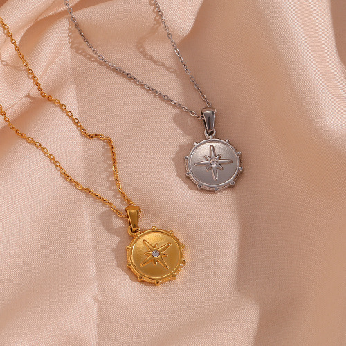 NTSMJ334 Stainless Steel Eight-Point Star and Nautical Wheel Pendant Necklace Trendy Sweater Chain Jewelry