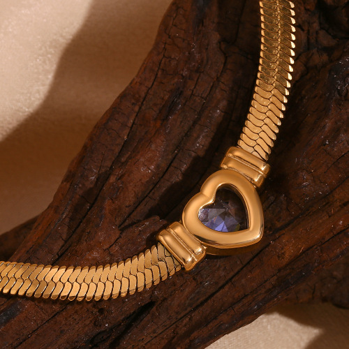 NTSMJ307 18K Gold-Plated Stainless Steel Heart Zircon Pendant Necklace with Blade Chain for Women